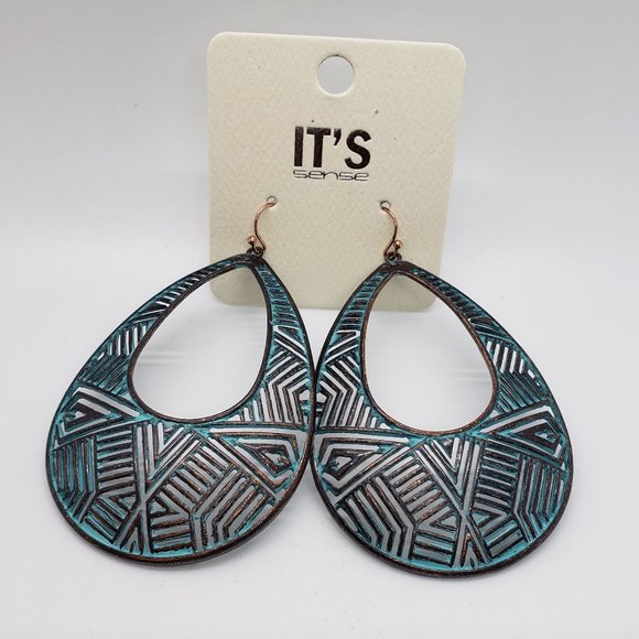 Bronze Patina Tone  and Turquoise Tone Drop Fashion Earrings - Picture 1 of 4
